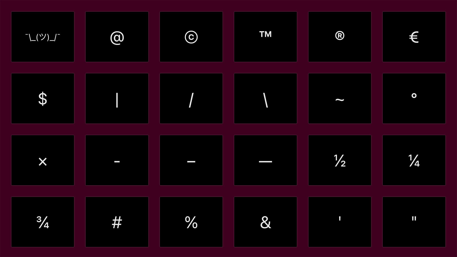 A screenshot of charcopy.com, where you can copy unusual characters, like the copyright sign.