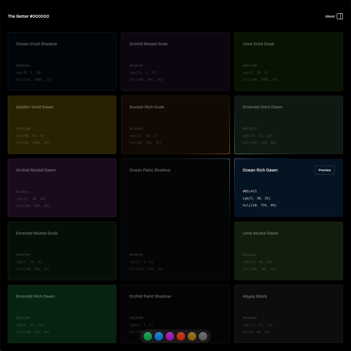 Over a 100 differtent shades of dark colors in a grid.