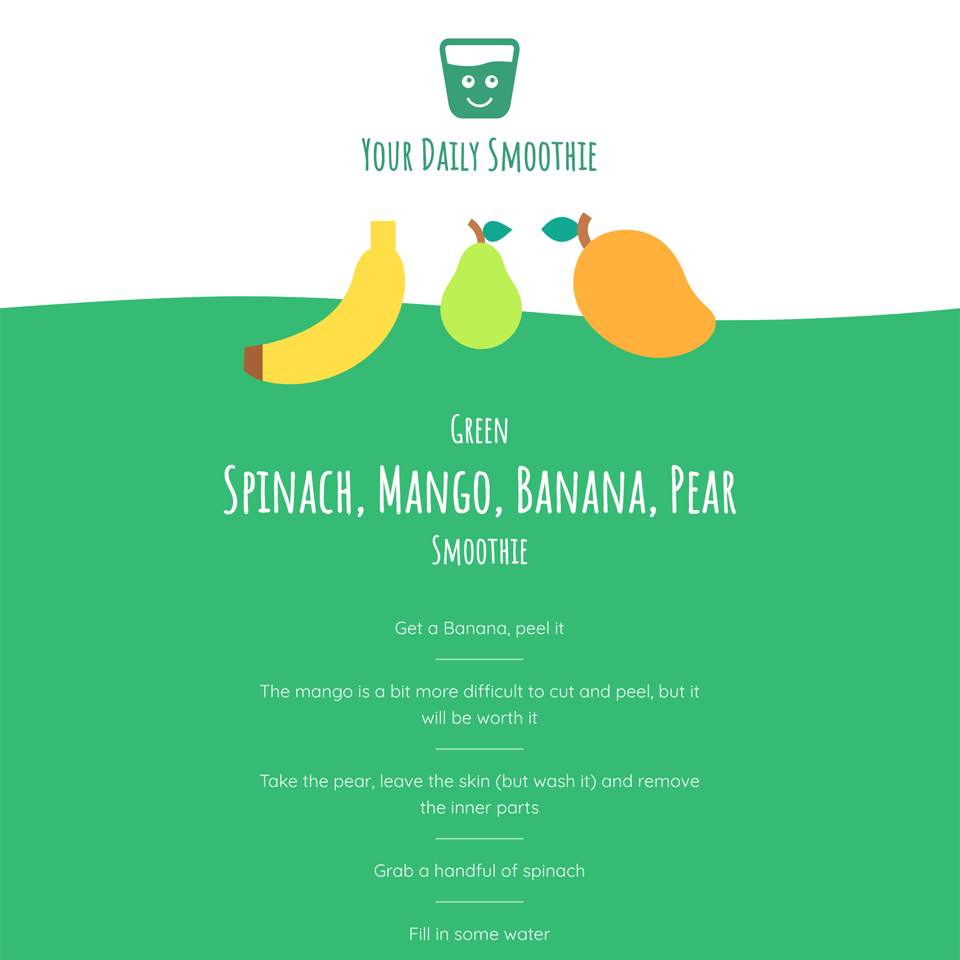 A screenshot of a website, with a recipe for a smoothie: Spinach, Mango, Banana, Pear